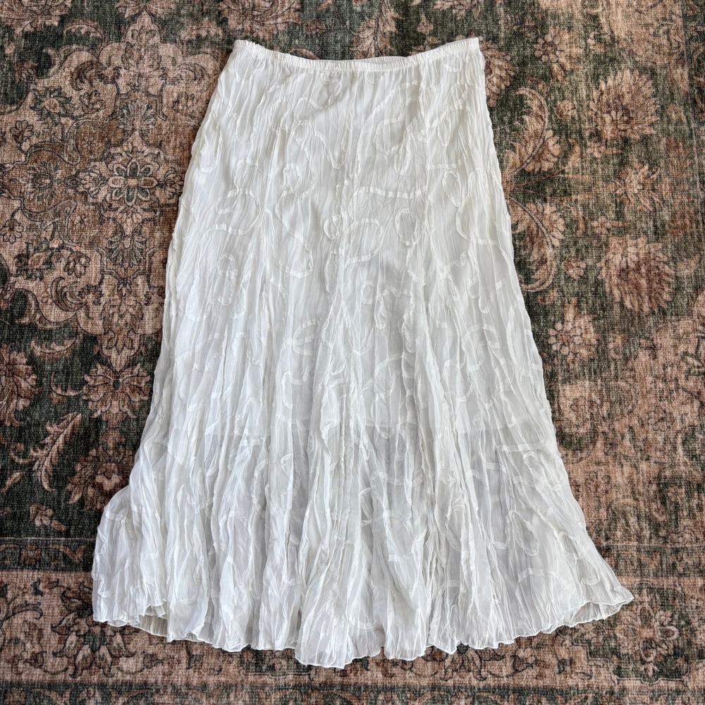 Vintage Rafael Maxi Skirt L White Ribbon Applique Lined Coquette Fairy Boho Y2K